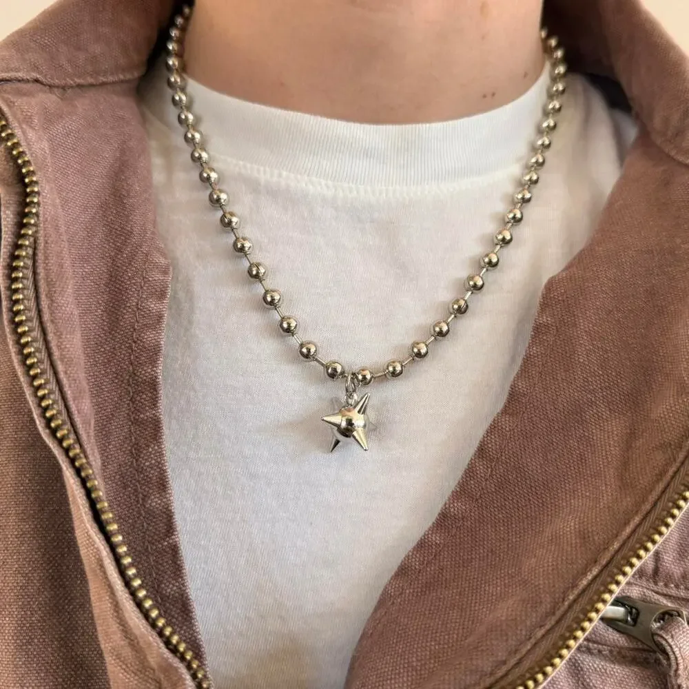 y2k 2000s silver bead pendant barbed ball pendant chain necklace